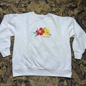 Vtg 90s Delta Hawaii Floral Embroidered Pullover Sweater White Mens Size XL